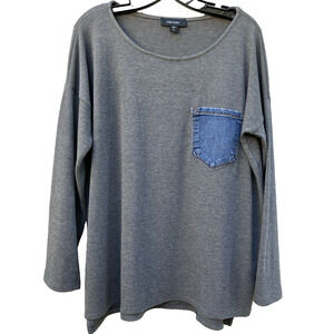 Karen Kane Long Sleeve Gray Pullover Top w/ Front Denim Pocket Sz L Cotton Blend
